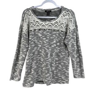 Style & Co Womens XL Black White Marled Knit Sweater Crochet Lace Studded Boho